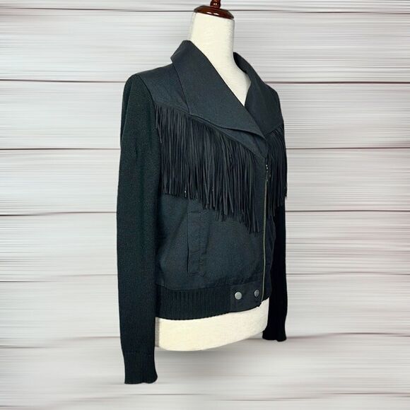 ELLA MOSS Black Lightweight Fringed Moto Jacket Knit Sleeves and Back size S - Picture 2 of 14